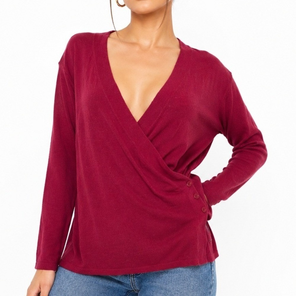 Cabi Wrap Sweater Women Medium Burgundy Red Side Button Surplice Knit Top Angora